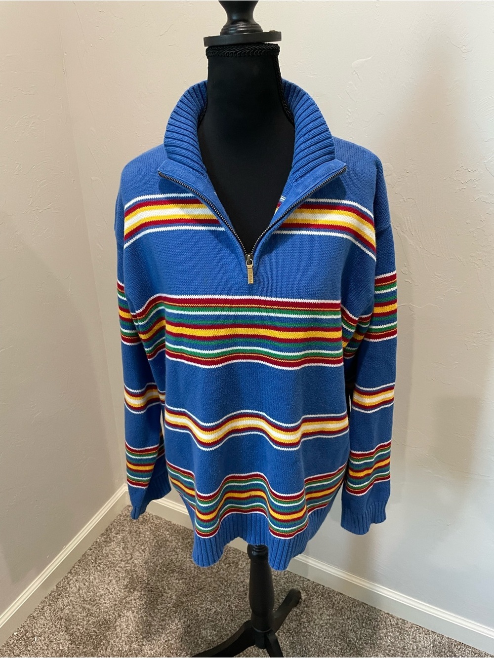 Ralph Lauren Vintage Blue Zip-Neck Sweater with Multicolor Stripes - Picture 2 of 6